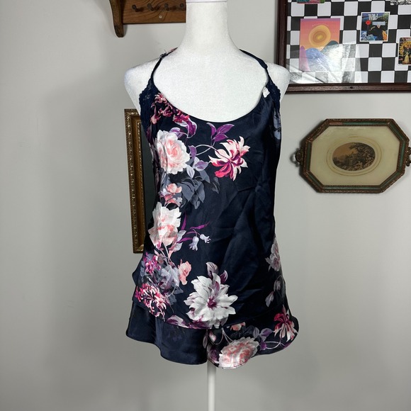 Lilac & London Other - Lilac & London Navy Dark Floral Camisole & Short Satin Pajama Set w/ Lace Detail
